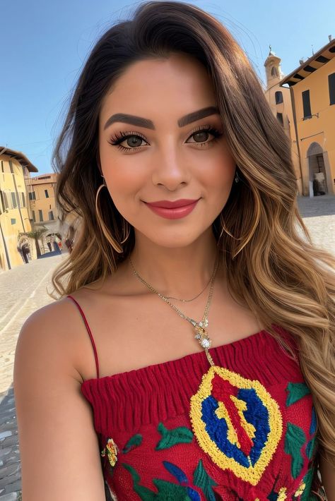 Realistic selfie image of a young Italian girl in a red sleeveless dress and a beautiful necklace on the background of the city of Milan, created by AI Artz. Digital Art, Italian Women Beautiful, Italian Girl, Art And Photography, Italian Women, Smile Girl, Italian Girls, Red Top, The Beauty