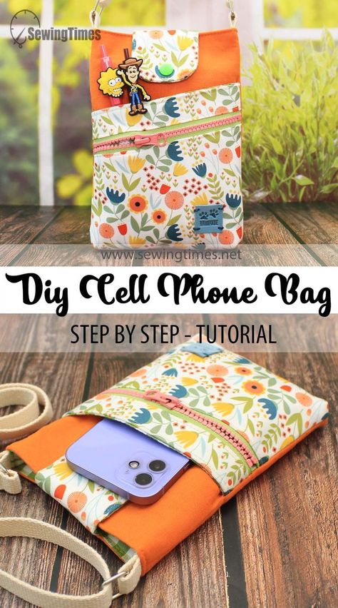 DIY Cell Phone Bag | How to make a Mobile Pouch Tutorial [sewingtimes] Diy Crossbody Phone Case, Phone Bag Diy Free Pattern, Fabric Cell Phone Holder Diy, Cell Phone Pouch Pattern Free, Make A Purse Free Pattern, Sewing Phone Bag, Cell Phone Cross Body Bag Pattern Free, Easy Crossbody Bag Pattern Free, Small Bag Patterns To Sew Free