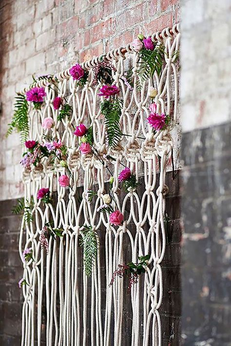 Wedding Backdrop Ideas For Ceremony, Reception And More ❤ See more: http://www.weddingforward.com/wedding-backdrop-ideas/ #weddings Pola Macrame, Macrame Backdrop, Floral Wedding Decorations, Diy Wedding Backdrop, Macrame Wedding, Warehouse Wedding, Hippie Wedding, Diy Backdrop, Floral Backdrop