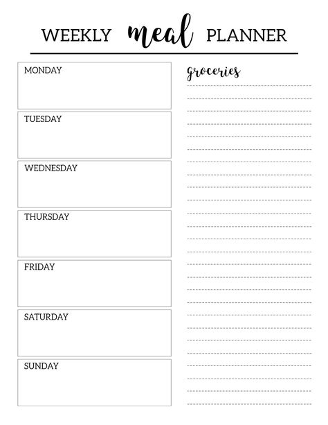 Free Printable Meal Planner Template. Weekly dinner menu plan DIY with grocery list included. Prep & organize daily meals and shopping list. #papertraildesign #mealplanning #mealprepping #weeklymealprep Meal Plan List Printable, Weekly Meal Plan Free Printable, Free Printable Menu Planner Weekly, Free Printable Meal Planner Templates, Menu Planning Template, Free Printable Meal Planner, Dinner Menu Planning, Weekly Meal Plan Template, Free Meal Planner