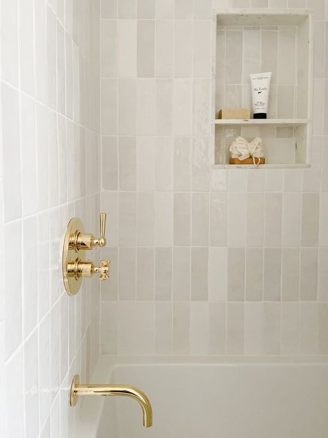 Beach’s Bathroom, Modern Tile Wainscoting Bathroom, All White Master Bath, 2nd Bathroom Remodel, Walk In Shower Remodel Small Bathroom, Bathroom Accent Wall Tile, Creamy Bathroom, Tile Shower Ideas Walk In, Long Narrow Bathroom Ideas