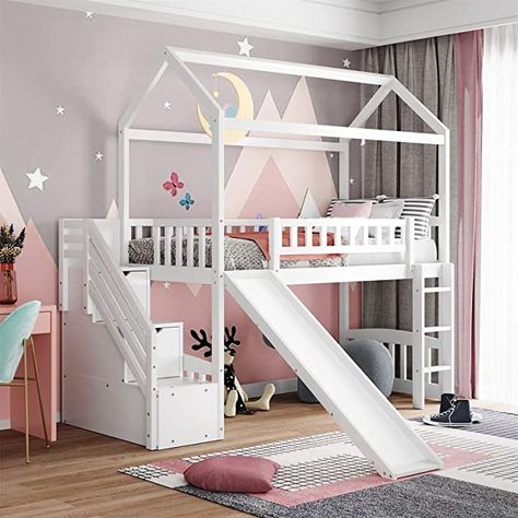 Storage Steps, Slide House, Playhouse Loft Bed, Playhouse Bed, Bunk Bed With Slide, House Bunk Bed, House Frame Bed, Twin Size Loft Bed, Twin Loft