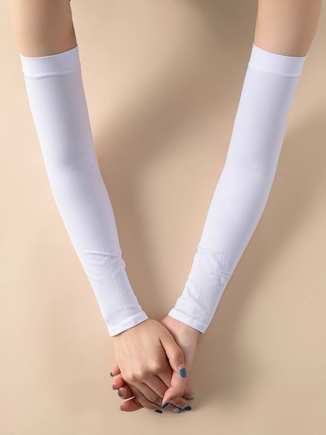 White Casual   Polyester Plain  Embellished  Spring/Fall Women Accessories White Arm Gloves, Arm Sleeves Outfit, White Arm Sleeves, White Arm Warmers, Arm Sleeves Women, Arm Sleeves For Women, Glove Sleeves, Arm Gloves, Thigh High Leg Warmers