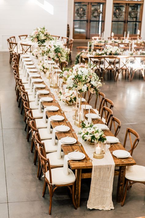 Wedding Center Piece For Dining Table, Wedding Table Without Tablecloth, Farm Table And Round Table Wedding, Large Table Wedding Reception, Long Harvest Table Wedding, Long Wood Table Decor, Long Wood Tables, Reception Centerpieces Rectangle Table, Long Tables For Wedding Reception