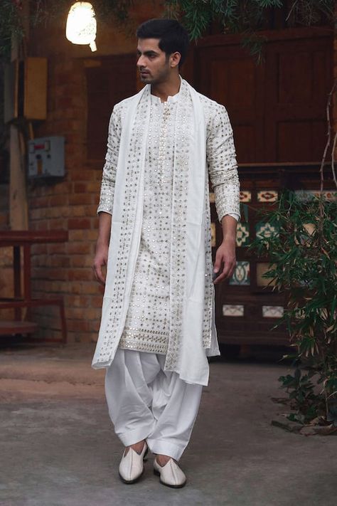 Ivory kurta with sequin, thread and mirror embroidery. Paired with an ivory salwar and embroidered dupatta. - Aza Fashions Couture, Kurta Salwar Men, Kurta Salwar, Pakistani Outfit, Mirror Embroidery, Indian Lehenga Choli, Salwar Pattern, Men Kurta, Mens Kurta Designs