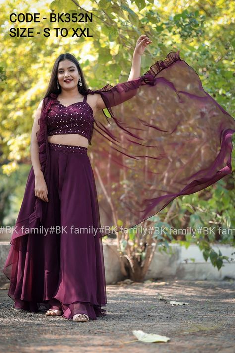 Chikankari Georgette Wine COLOR COORDINATED SET | ₹ 2099 | FREE SHIPPING | WATSAPP 9004688543 Crop Top With Plazo And Jacket, Top Plazo Dress, Crop Top Outfits Indian, Plazo Dress, Plazo Suit Design, Crop Top Lehenga, Trendy Outfits Indian, Embroidered Crop Top, Stylish Crop Top