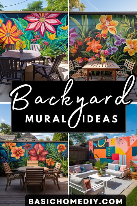 Elevate your outdoor space with Unique Backyard Mural Ideas for Garden and Fence! Explore creative outdoor art and mural designs that transform your garden and fence into a living masterpiece. From vibrant landscapes to whimsical motifs, these ideas will breathe life into your backyard oasis. 🌿🎨🌼 #OutdoorDecor #GardenArt #MuralIdeas #BackyardBeauty Quirky Fence Ideas, Outdoor Patio Mural Ideas, Deck Art Outdoor, Easy Fence Mural Ideas, Backyard Accent Wall, Garden Graffiti Wall, Outdoor House Mural, Outside Murals Gardens, Patio Murals Backyards