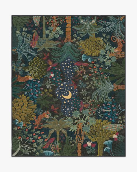 Get ready for a celestial journey with our Justina Blakeney Josephine Midnight Rug. Bring the outside in with jungalicious vibes as you gaze up at the moon through a magical jungle filled with flora and fauna motifs. This lush design features a magnitude of colours, including rich blues, teals, pinks, oranges, and browns, creating a diverse palette that mirrors the enchanting hues of the jungle at night. Water-resistant, stain-resistant, and machine-washable. Rug colours may vary slightly according to your device and the lighting in your space. | 245 cm x 305 cm | Machine Washable Runner Rug | Kid & Pet Friendly | Indoor Rug | Justina Blakeney Josephine Midnight Tufted Rug | Ruggable Jungle At Night, Colorful Boho Fashion, Washable Runner Rug, Magical Jungle, Justina Blakeney, Indoor Rug, 9x12 Rug, Rug Stain, Machine Washable Rugs