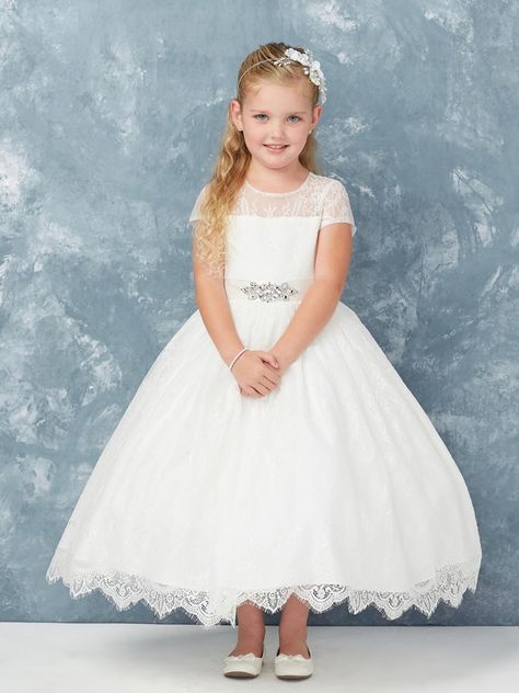 TIP TOP KIDS > Girl Dresses > #5766 − LAShowroom.com Illusion Neckline Dress, First Communion Veils, Communion Veils, White Tulle Skirt, Holy Communion Dresses, School Dance Dresses, Top Kids, First Communion Dress, Organza Skirt