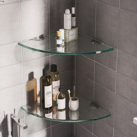 Sleek Bathroom Design, Glass Shower Shelves, Glass Corner Shower, Bathroom Glass Wall, Bathroom Corner Storage, Glass Corner Shelves, Shower Corner Shelf, Shampoo Holder, Glass Bathroom Shelves