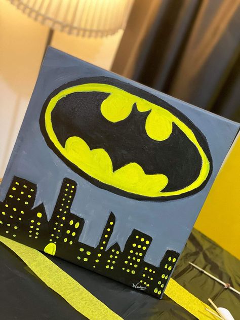 Batman Easy Painting, Spiderman Painting On Canvas Easy, Easy Cartoons To Paint, Dad Painting Ideas Father's Day, Canvas Painting Ideas Marvel, Small Canvas Paintings Cartoon, Bat Man Painting, Simple Paintings Cartoon, Easy Painting Ideas On Canvas Cartoon