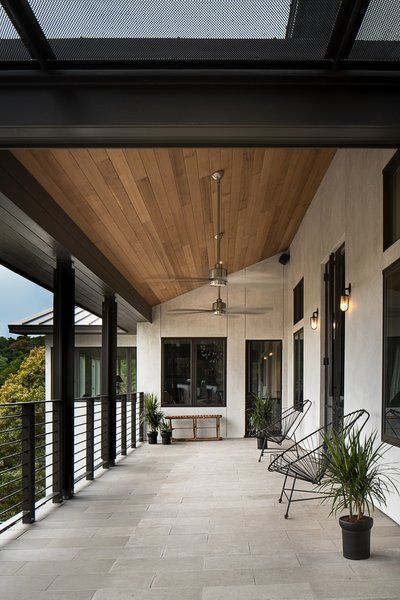 Modern Front Porch Decor, Modern Front Porches, River Garden, Modern Porch, Modern Outdoor Spaces, Porch Ceiling, Stone Patio, Building A Porch, Porch Deck