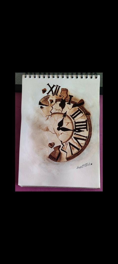 #coffeepainting
Follow me on instagram for more
My id is @passion._.art Watercolor Clock Painting, Time Painting Clock, Broken Clock Sketch, Time Travel Art, Broken Clock, Clock Drawings, Coffee Art Painting, Creative Sketchbook, Clock Painting