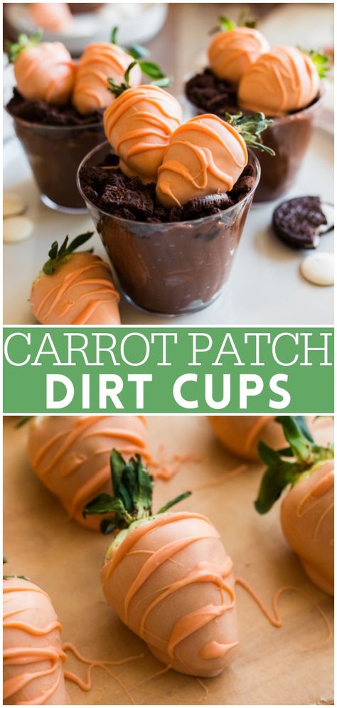 Essen, Dirt Cake Ideas, Strawberry Carrots, Easter Strawberry, Chocolate Pudding Cups, Dirt Dessert, Cute Easter Desserts, Easter Deserts, Mouthwatering Desserts