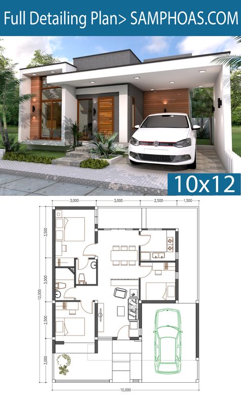 3 Bedrooms Home Design Plan 10x12m - Samphoas Plan 3AC Modern Bungalow House, Duplex House Plans, Simple House Plans, Home Design Floor Plans, House Plan Gallery, Simple House Design, House Construction Plan, House Layout Plans, Model House Plan