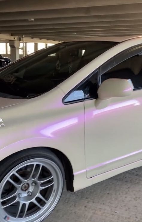 White Car With Pink Accents, Wrapped Honda Civic, Purple Car Wrap, Purple Car, Honda Civic Coupe, Civic Coupe, White Car, Purple Accents, Pink Accents