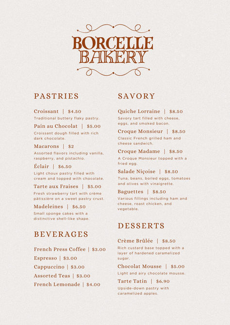 Neutral Brown Vintage Classic French Cafe Bakery Menu French Cafe Menu Design, Menu Bakery Design, Bakery Menu Design Ideas, Bakery Menu Design Templates, Cake Menu Design Ideas, Cafe Menu Aesthetic, Home Bakery Menu Ideas, Pastry Menu Design, Classic Menu Design