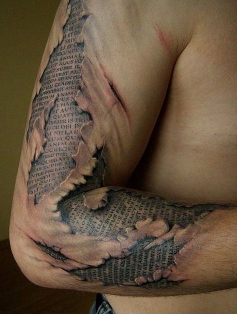 “I’m so cultured and literary I have Latin texts in place of a skeleton.” | 18 Optical Illusion Tattoos That Will Make You Take A Second Look 3d Tattoos, Ripped Skin Tattoo, Tatoo 3d, Amazing 3d Tattoos, Hyper Realistic Tattoo, Optical Illusion Tattoo, Mechanic Tattoo, Tato Lengan, Text Tattoo