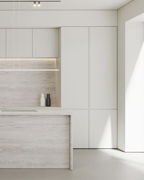 Minimalist Spaces With A Strong Presence Kitchen With Island Minimalist, Cream Floor Kitchen, White Kitchen With Herringbone Floor, White Minimal Interior Design, Kitchen Modern Lighting, Wood Kitchen White Island, Off White Modern Kitchen, Kitchen With Open Pantry, Cream And White Interiors