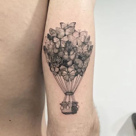 Butterfly Hot Air Balloon Tattoo, Tattoo With Butterflies, Hot Air Balloon Tattoo, Daisy Tattoo Designs, Air Balloon Tattoo, Globe Tattoos, Heaven Tattoos, Balloon Tattoo, Tattoo Shading