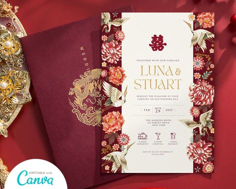 Wedding Invitation Cards Chinese, Invitation Card Design Red, Cny Design, Asian Wedding Themes, Asian Christmas, Chinese Wedding Invitation Card, Asian Wedding Invitations, Chinoiserie Wedding, Chinese Wedding Invitation