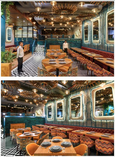 restaurant design Smoothie Design Ideas, Restaurant Table Set Up Ideas, Different Restaurants Ideas, 2023 Restaurant Design, Medditeranean Restaurant Design, Narrow Restaurant Design, Restraunt Interior Design Ideas, Indian Restaurant Interior Design Creative, African Restaurant Design