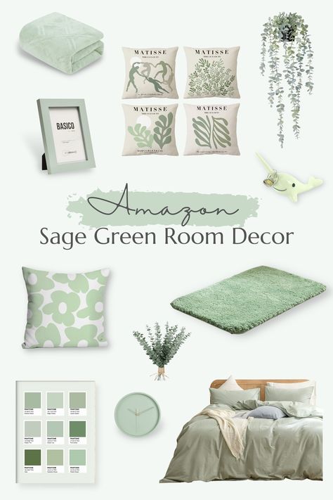 Bedroom Ideas Sage Green And White, Sage Green Accessories Bedroom, Green Bedroom Decor Aesthetic, Green Bedroom Decor Ideas Aesthetic, Green Themed Room Aesthetic, Sage Green Aesthetic Decor, Pastel Green And White Bedroom, Sage Themed Bedroom, Green White Room Decor