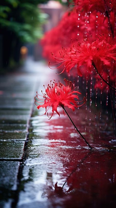 Japanese red spider lily by foot path in raining flower autumn plant. | premium image by rawpixel.com / Ling Nature, Japanese Red Spider Lily, Aesthetic Pc Wallpaper Hd, Spider Lily Aesthetic, Spider Lilys, Lili Flowers, Spider Lily Wallpaper, Japanese Spider Lily, Spider Lillies