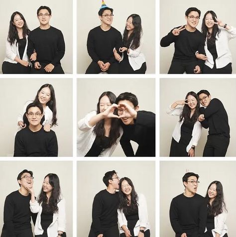 Korean Photobox Couple, Couple Poses Reference Studio, Self Studio Poses Couple, Couple Self Studio Poses, Self Studio Photoshoot Couple Korean, Self Photoshoot Studio Poses Couple, Couple Portrait Studio Photo Poses, Self Portrait Photography Couple Studio, Couple Poses Self Studio