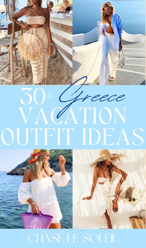 Looking for style inspiration for your vacation to Greece? Our Greek Islands packing guide has over 30 effortlessly chic Greece outfit ideas. This post is about packing tips for the Greek Islands, summer aesethetic, summer outfit ideas, Greece vacation, greece travel, greece aesthetic, greece vacation outfit ideas, what to pack for the greek islands, Mykonos outfits, Santorini Milos and more! Kos, European Summer Beach Outfit, Mykonos Beach Outfit, Outfits To Greece, Summer Outfits Greece Vacations, Greece Outfits Women, Dresses For Greece Vacation, Corfu Greece Aesthetic Outfits, Summer Greek Outfits