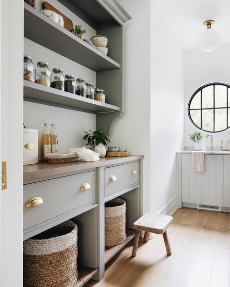Kate Marker Interiors on Instagram: “We're in the final stretch! Here's to the second food Olympics of the year. #thirdtimesacharmclient #kmidesignstyle | photo:…” Organisation, Kitchen With Gray Cabinets, Laundry Room Pantry, Kate Marker Interiors, Mason Jar Storage, Cabinetry Hardware, Wooden Step Stool, Gray Cabinets, Jar Storage