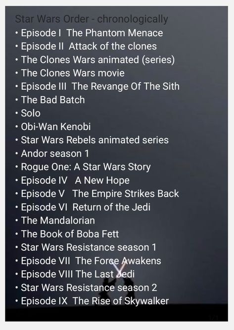 Movies & shows in chronological order Star Wars In Chronological Order, Starwars Chronological Order, Disney Movies In Chronological Order, Star Wars Chronological Order 2023, Star Wars Order To Watch, Star Wars Name Ideas, Star Wars Chronological Order, Star Wars Movies In Order, Star Wars Order
