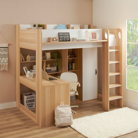 Midsleeper With Desk, Kids Bed Desk Combo, Desk Under Bed Ideas, Bunk Bed Designs With Desk, Bed On Bookshelf, Dorm Room Apartment Ideas, Girls Box Room Bedroom Ideas, Sleep And Study Loft Bed, Loaf Bed For Small Room