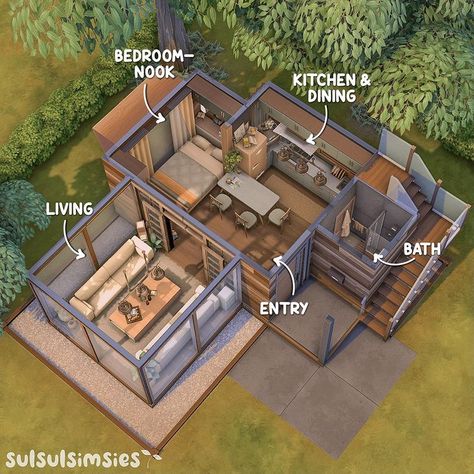 The Sims 4 Layout Floor Plans, Sims 4 House Ideas Layout 2 Story, Sims 4 Houses Tiny House, Aesthetic Tiny House Exterior, Tiny House Layout Sims 4, Tiny Living Sims 4 Layout, Sims 4 Build Ideas Layout With Grid, Sims 4 Tiny Living Floor Plans, Sims 4 House Layout 2 Story