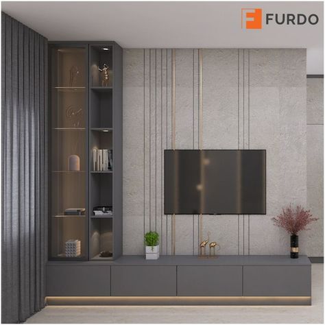 FURDO on Instagram: "A TV unit design that's subtle yet opulent! The grey texture paint and paneling are emphasized by the gold detailing and the lighting. With lots of storage and the right aesthetics, this TV unit steals the show. Want to get your home designed by Furdo? DM now to book your FREE design consultation! #furdo #furdointeriors #tvunit #tvunitdesign #tvunitdecor #tvbox #interiordesign #interiordecor #interiors #luxuryinteriors #luxuryhomes #homeinteriors #homedesign #brightinterio Aesthetic Tv Unit Design, Bedroom Tv Unit With Storage, Tv Unit Design Modern Grey, Bedroom Tv Unit Design With Storage, Tv Unit With Storage Design, Tv Unit Tiles Design, Tv Unit Design Modern With Storage, Tv Unit With Storage Modern Wall, Tv Unit Design With Storage