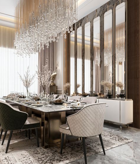 Neo Classic Dining Room, Elegant Dining Room Luxury, Classic Dining Room Design, Luxury Dinning Room, Luxury Dining Room Decor, Dining Room Design Luxury, Mirror Dining Room, Interior Design Dining, Dining Interior