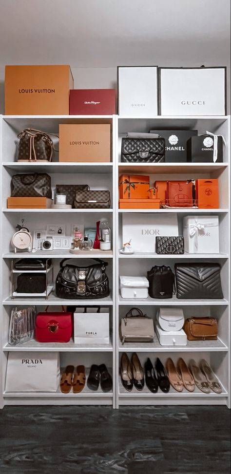 Love how i transformed this billy bookcase into a bags/shoes display! Ikea Billy Bookcase Shoes, Display Designer Boxes In Closet, Handbags Rack Ideas, Balayage, Shoe And Bag Shelf, Luxury Handbag Collection Closet, Shoes Bags Closet, Shoes Display Ideas Bedroom, Bookshelf Purse Display