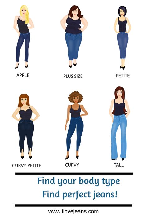 Best Jeans For Body Type Apple, Best Jeans For Short And Curvy, Apple Body Shape Jeans, Jeans According To Body Shape, Hourglass Outfits Curvy, Jeans Hourglass Shape, Apple Body Jeans, Jeans For Hourglass Shape Body Types, Types Of Jeans Body Shapes