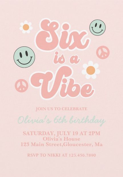 6 Is A Vibe Party, Groovy Party Invitations, Girls Sixth Birthday Party Ideas, Groovy Sixth Birthday, Groovy 6th Birthday Party, Sixth Birthday Girl Party Ideas, Sixth Birthday Theme, Aesthetic Birthday Invitations, 6th Birthday Girl Themes