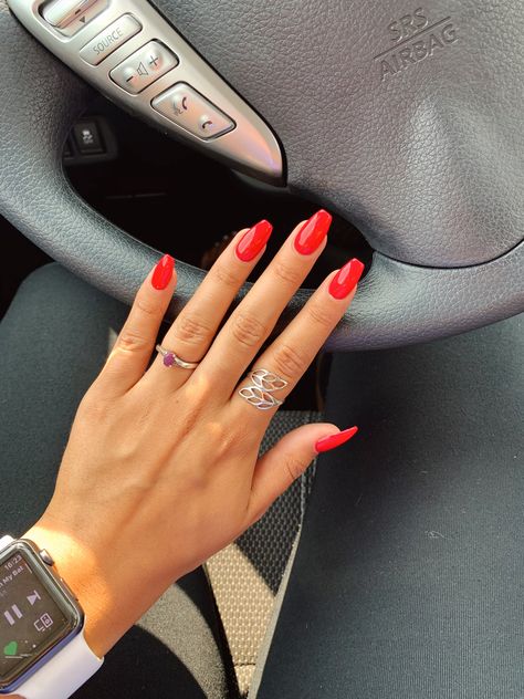 All Red Coffin Acrylic Nails, Red Tips Coffin Shape, Prom Nails For Red Dress Simple, Square Red Nails Acrylic, Short Square Red Nails Acrylic, Nail Inspo Red Coffin, Red Nails Acrylic Coffin Medium, Full Set Nails Acrylic Red, Red Coffin Short Nails