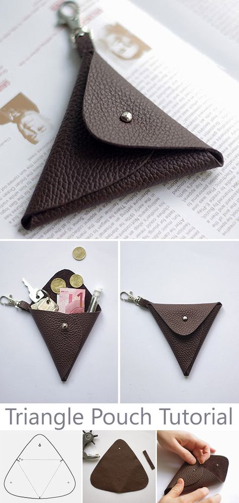 Triangle Leather Pouch Tutorial Leather Handmade Ideas, Leather Pouch Tutorial, Leather Pouch Pattern, Diy Leather Pouches, Triangle Leather, Leather Pattern Diy, Leather Purse Pattern, Crea Cuir, Leather Working Projects