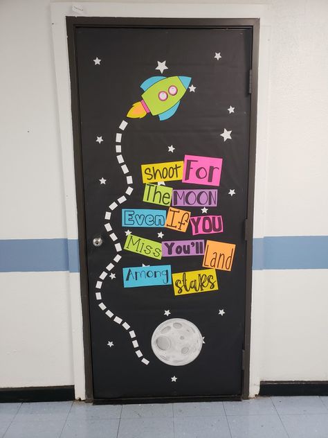 Galaxy Classroom Door Ideas, Classrooms Doors Decorations, Space Themed School Door, Space Theme Decorations Diy, Space Themed Classroom Door Ideas, Space Classroom Decorations Ideas, Stars Door Decorations Classroom, Galaxy Door Decorations, Astronaut Classroom Door