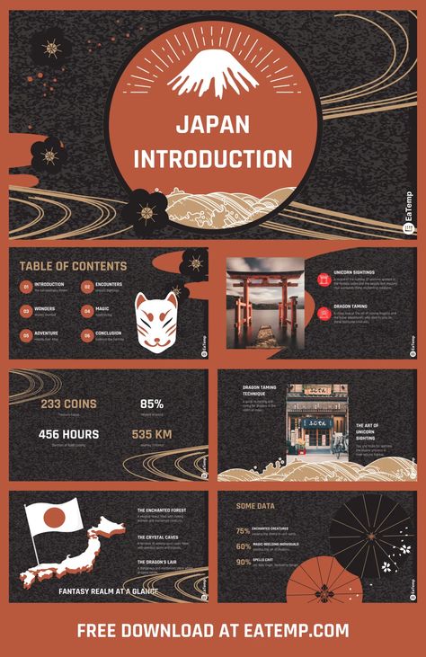 Japan Introduction PPT Presentation Template - Free PowerPoint Templates, Google Slides, Figma Deck And Resume Japan Ppt Template, Google Slides Presentation Ideas, Google Slides Fonts, Japan Presentation, Canva Free Templates, Canva Templates Presentation, History Presentation, Ppt Slide Design, Canva Ideas