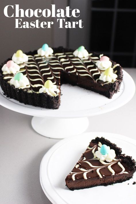 This chocolate tart recipe has a buttery chocolate wafer crust and a dark and dreamy silky chocolate filling. It's a festive and sophisticated dessert that is  surprisingly easy to make and decorate! #Easter #Eastereggs #chocolate #chocolaterecipes via @ourhappymess Pie, Chocolate Easter Dessert, Easter Tart, Dark Chocolate Tart, Chocolate Tart Recipe, Dark Chocolate Desserts, Chocolate Tarts Recipe, Easter Things, Chocolate Wafer