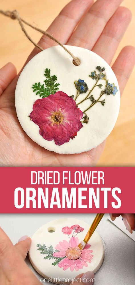 Diy Dry Clay Crafts, Clay Flower Pressing, Pressed Flowers Mod Podge, Easy Dried Flower Crafts, Pressed Flowers In Clay, Salt Dough Dried Flowers, Diy Flower Christmas Ornaments, Pressed Flower Mod Podge, Flower Imprinting On Fabric