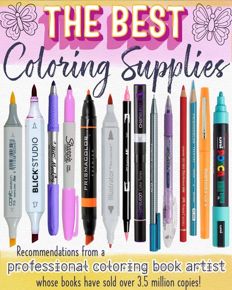 Learn about the best coloring supplies to use in adult coloring books! Recommendations from professional artist Thaneeya McArdle, whose coloring books have sold over 3.5 million copies! Best Markers For Adult Coloring Books, Best Coloring Books For Adults, Best Markers For Coloring, Best Art Supplies Artists, Must Have Art Supplies, Diy Coloring Book, Best Markers, Coloring Pens, Gel Pen Art