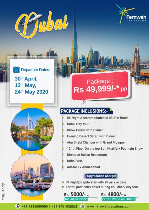Get the attractive Dubai tour package with accommodation in 3 star hotel from Fernweh Vacations. Call now:- 8401938028 / 9825659009  #DubaiTourPackage #DubaiTour #FernwehVacations Dubai Poster Design, Package Poster Design, Tour Packages Design, Dubai Brochure, Tourism Design, Travel Flyer, Air Ticket Booking, Tours And Travels, Dubai Tour