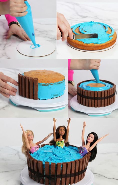 Hot Tub Cake Ideas, Hot Tub Birthday Party Ideas, Hot Tub Cake, Pool Cake For Kids, Easy Barbie Cake, Hot Tub Party Ideas, Easy Cake Ideas Decorating, Fun Cake Ideas, Spa Birthday Cake