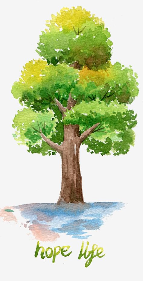 Lukisan Pokok, Lukisan Landskap, Tree Cartoon, Cartoon Trees, Tree Watercolor Painting, Seni 2d, Watercolor Paintings For Beginners, Cat Air, Landscape Watercolor