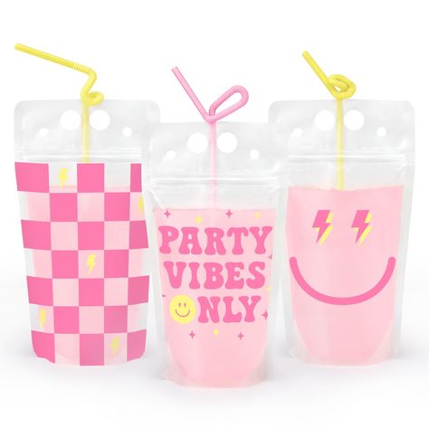 PRICES MAY VARY. Party Vibes Only: our 15 pack yellow and pink Preppy Party Drink Pouches are the birthday party addition you've been looking for + a guaranteed hit! Squad Approved: have fun celebrating with these Preppy Party Drink Pouches! The pouches come in 3 designs with 5 pcs per each including a checker print design, lightening smiley face design, and ""Party Vibes Only"" design. Pink + yellow twisty straws included. Spill Proof: say goodbye to spills with our resealable pouches; each pou